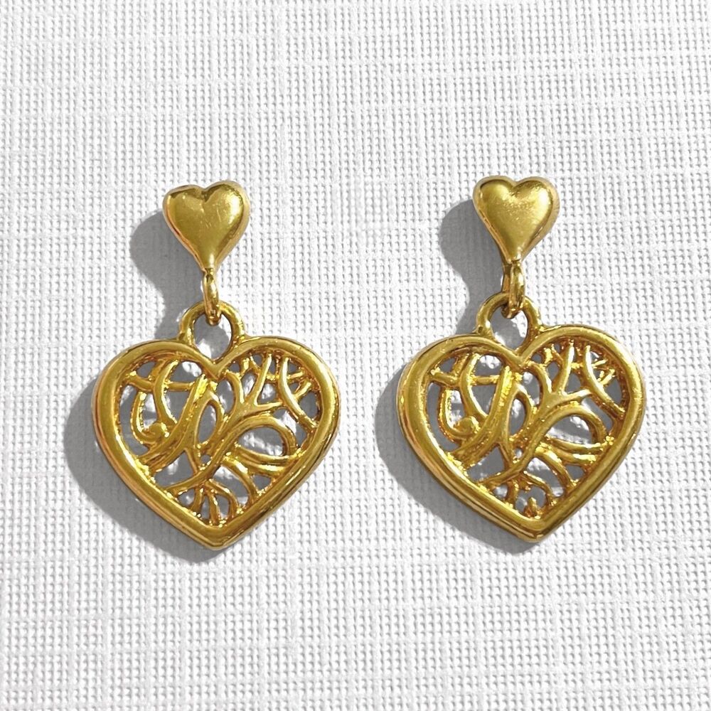 VTG Filigree Hearts Dangle Earrings Gold Tone Branches Romantic Love Feminine